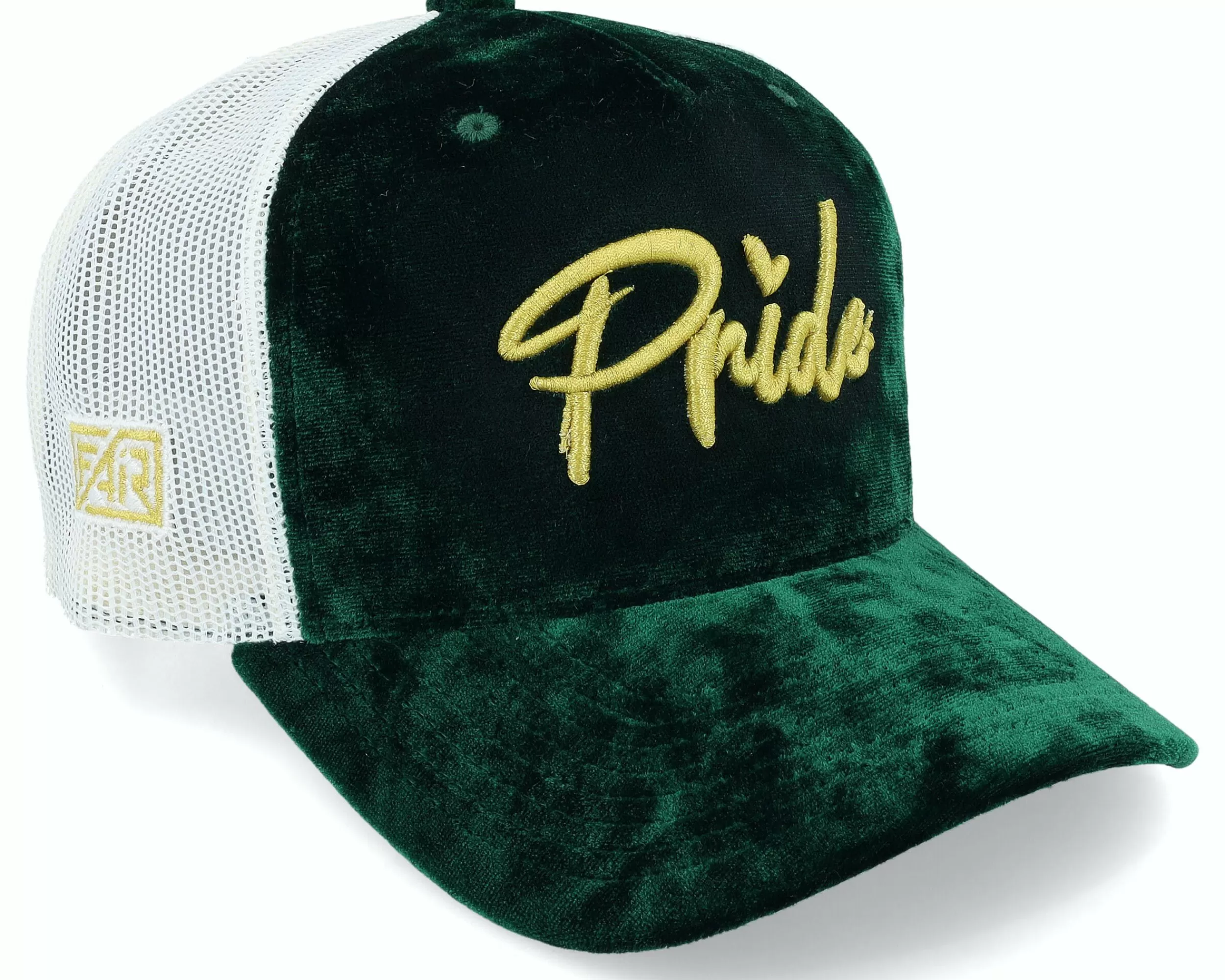 Fair 3D Gold Pride Logo Velvet Green/Ivory Trucker - -Unisex Trucker