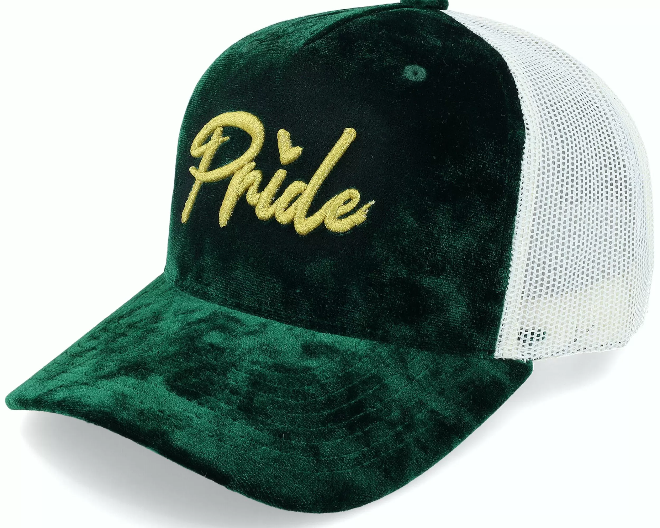 Fair 3D Gold Pride Logo Velvet Green/Ivory Trucker - -Unisex Trucker