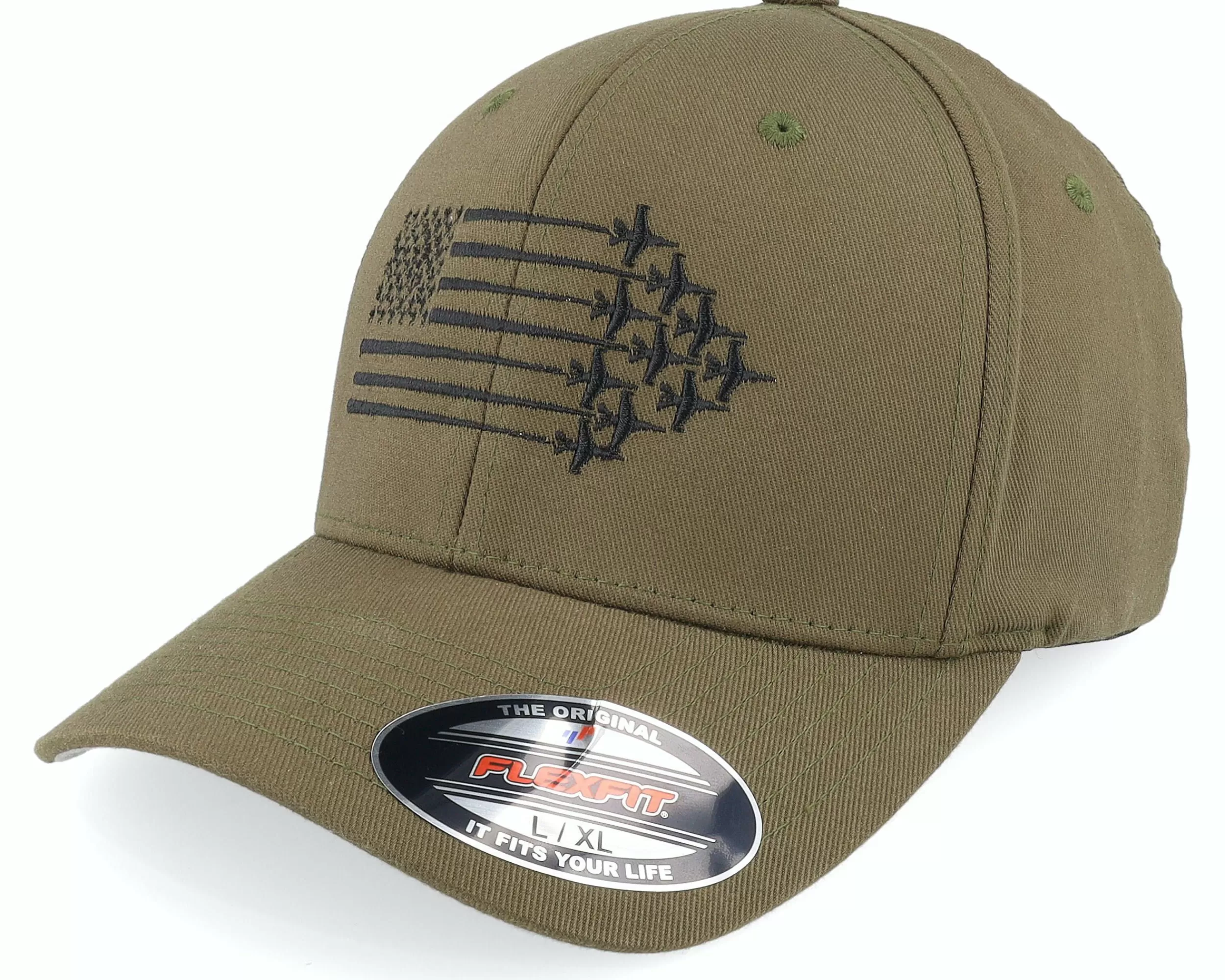 Iconic American Flag Jet Fighter Aircraft Olive Flexfit - -Unisex Flexfit