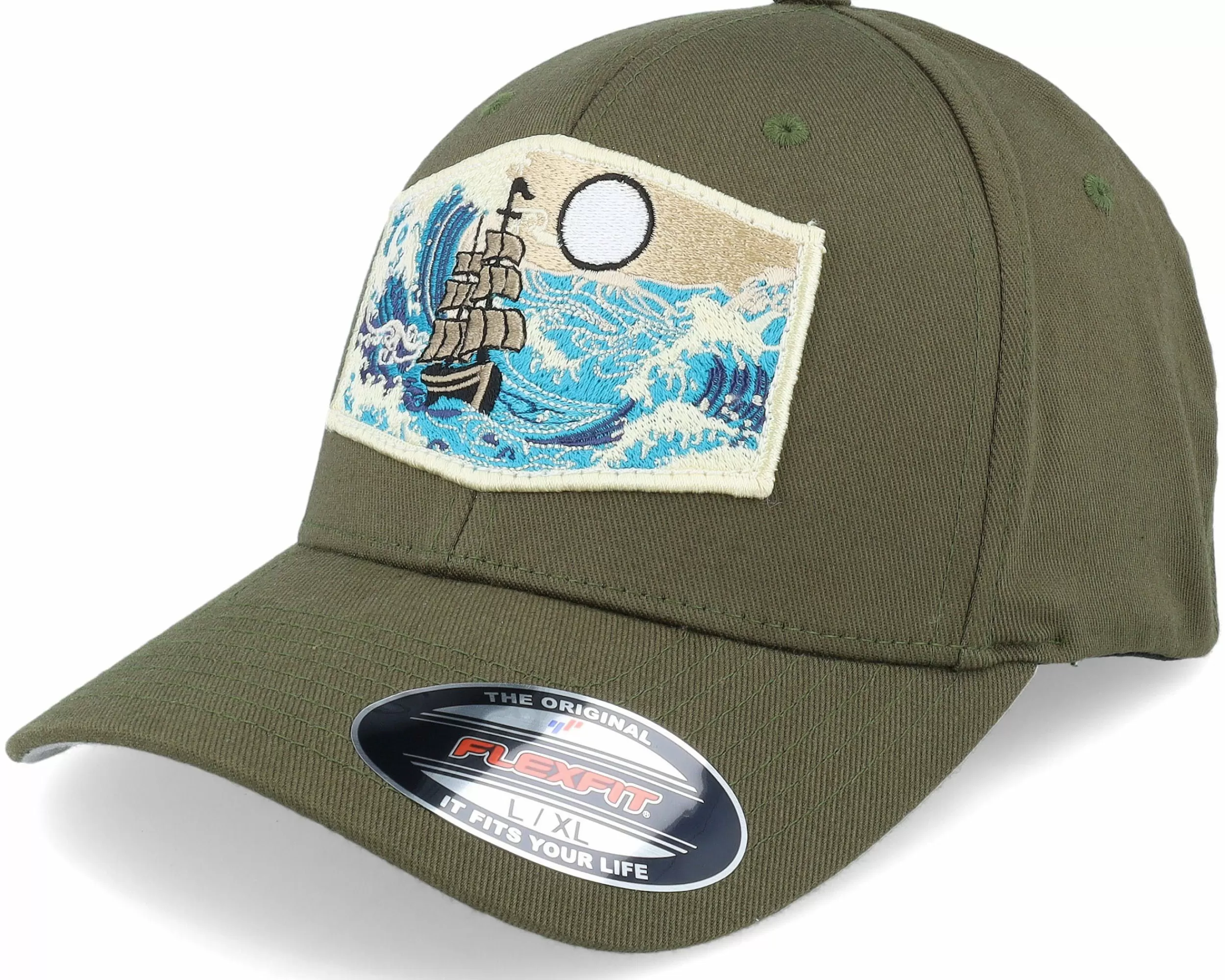 Wild Spirit Big Boat & Waves Patch Olive Flexfit - -Unisex Flexfit