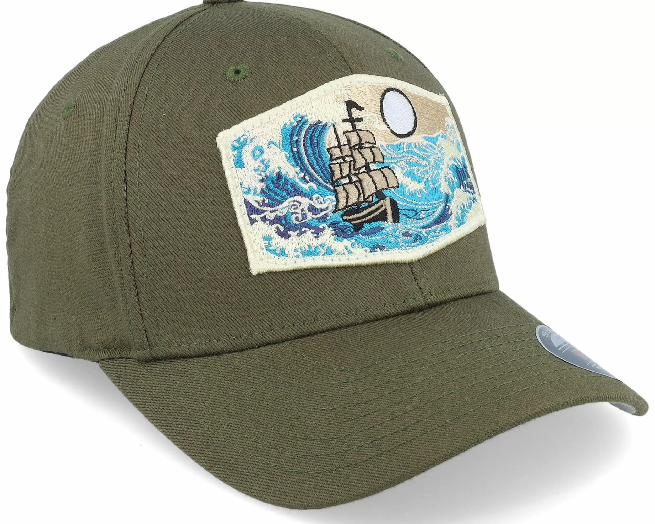 Wild Spirit Big Boat & Waves Patch Olive Flexfit - -Unisex Flexfit