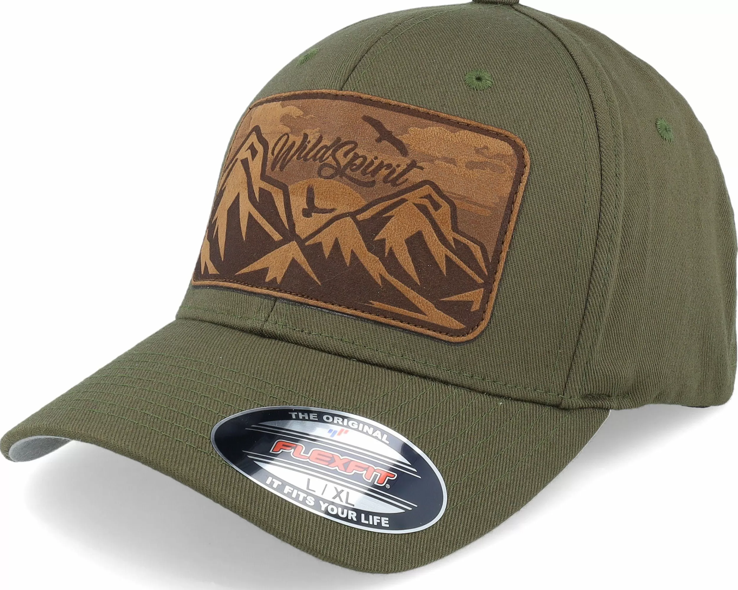 Wild Spirit Big Mountain & Birds Patch Olive Flexfit - -Unisex Flexfit