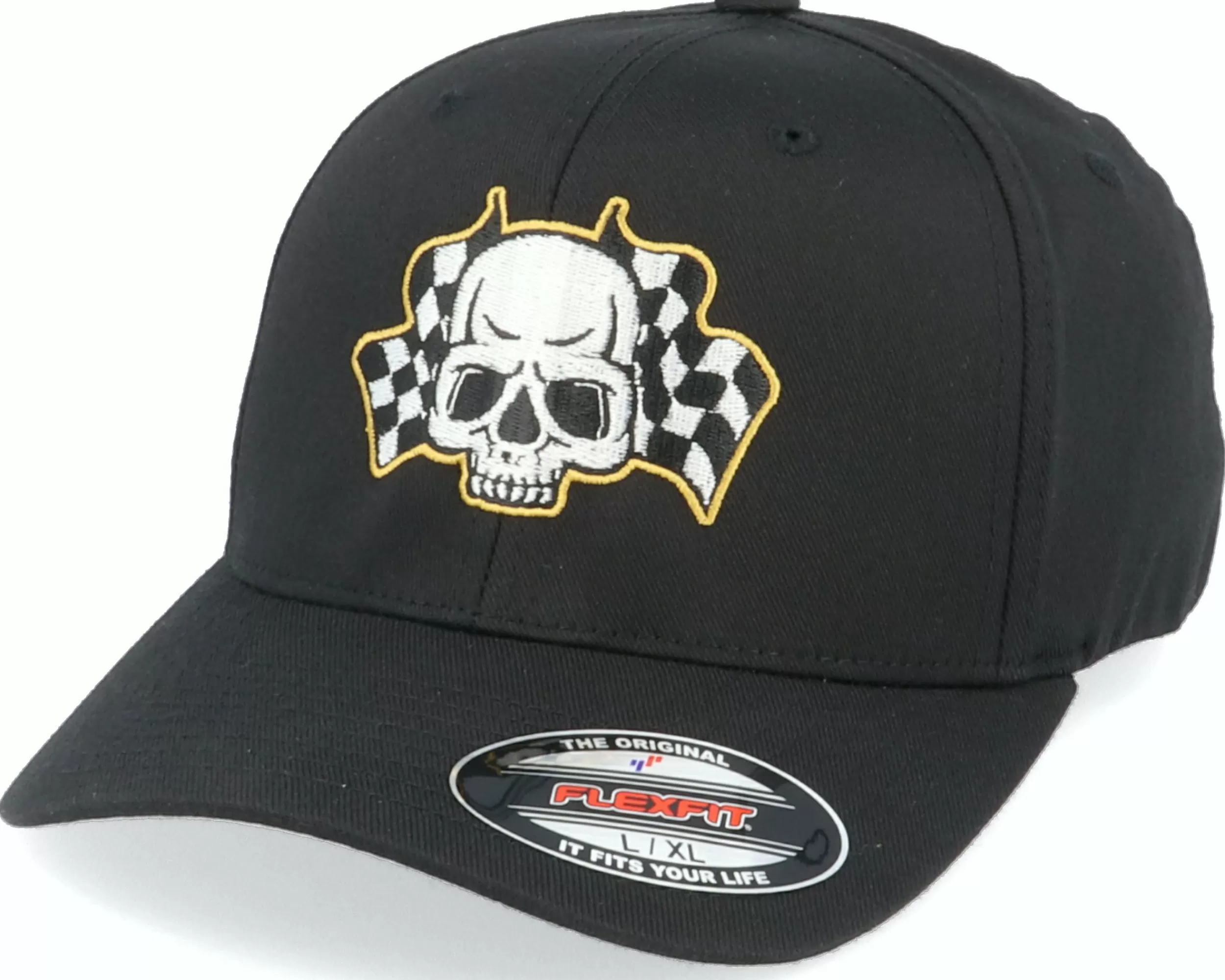 Born To Ride Racing Flags Skull Black Flexfit - -Unisex Flexfit