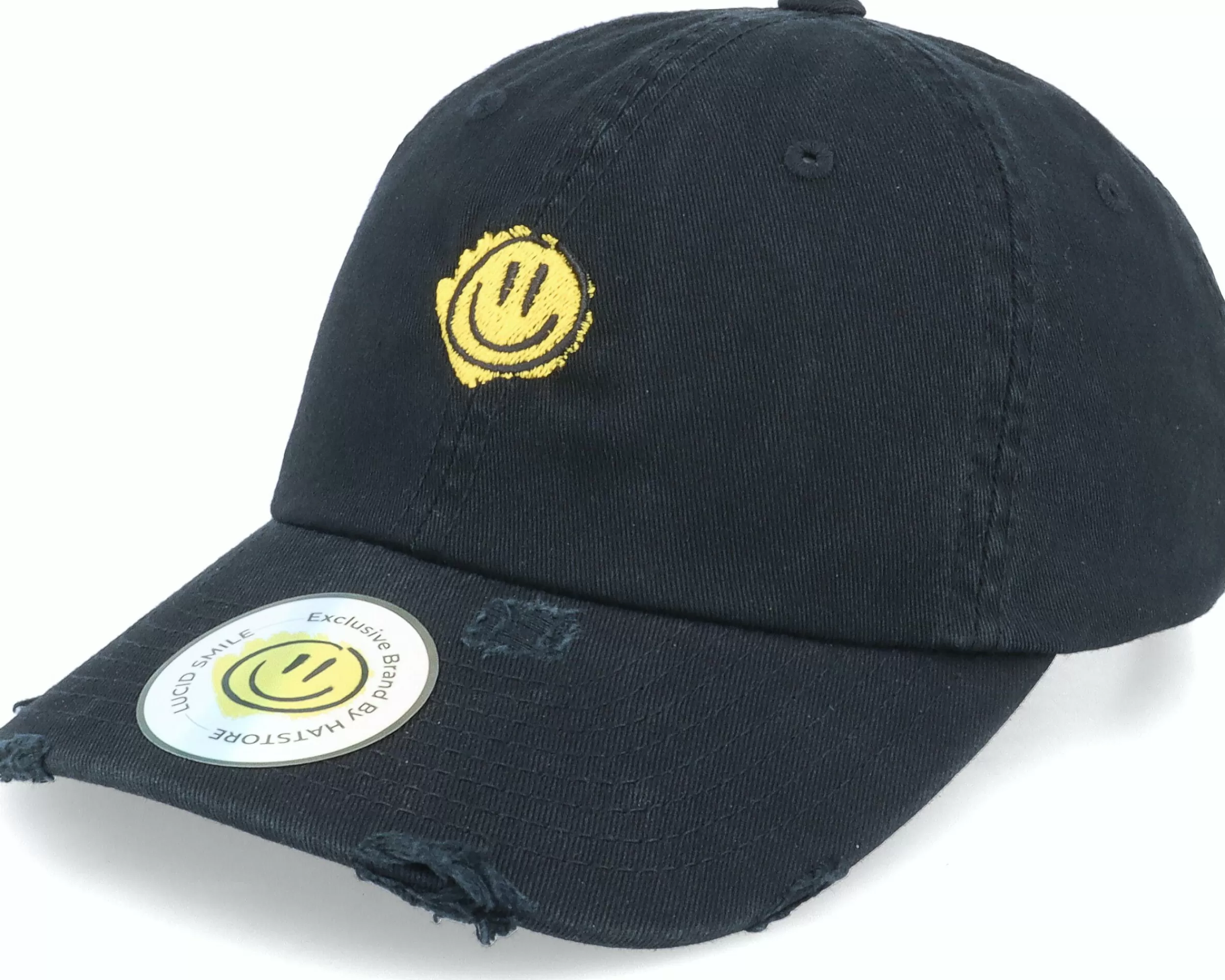 Lucid Smile Trippy Smiley Ripped Black Dad Cap - -Unisex Dad Cap