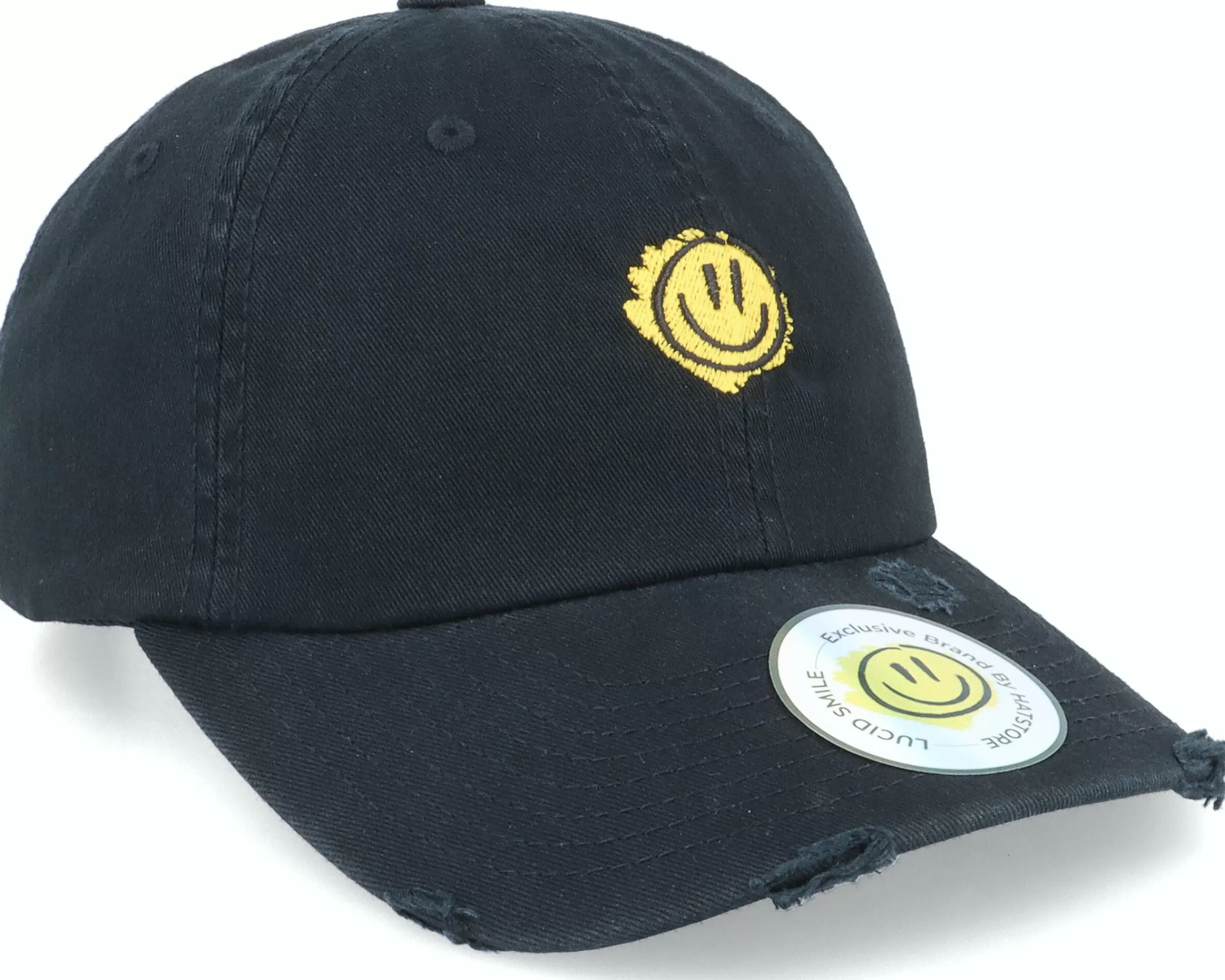 Lucid Smile Trippy Smiley Ripped Black Dad Cap - -Unisex Dad Cap